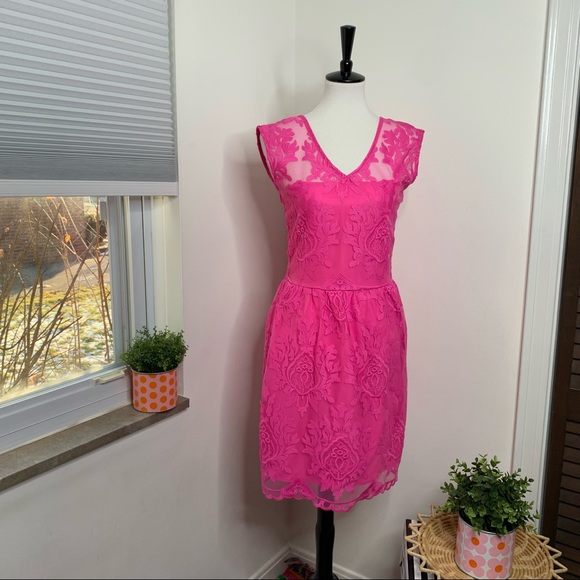Allen B. | Bubblegum Pink Lace Sheer Cocktail Dress
